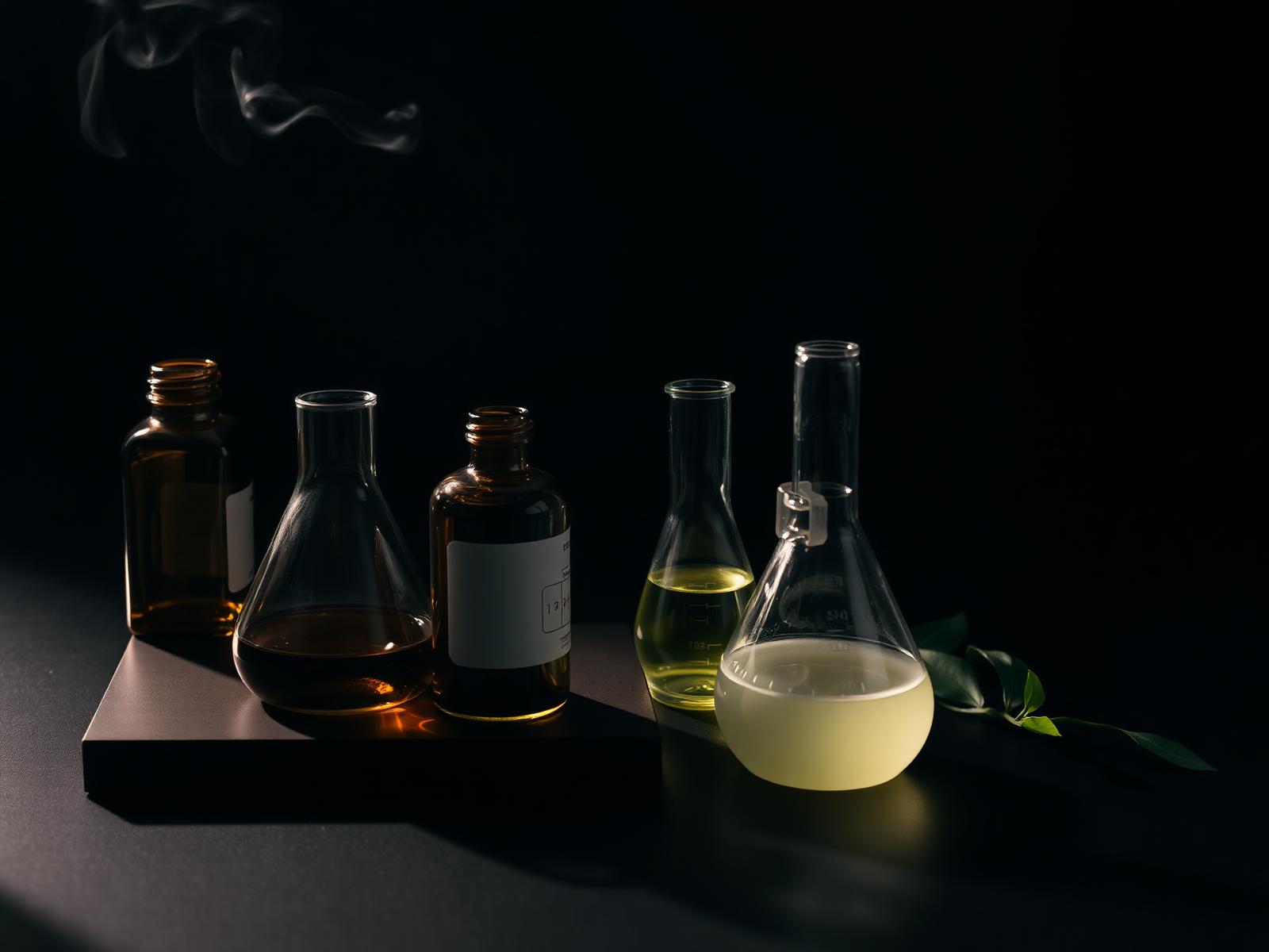 Cristalería de laboratorio botánico con luz verde